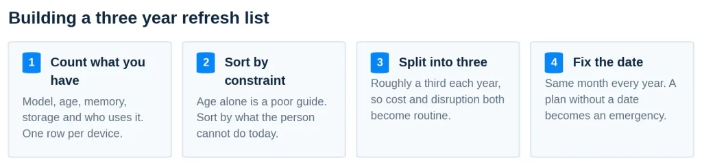 Four cards: Count what you have, Sort by constraint, Split into three, Fix the date