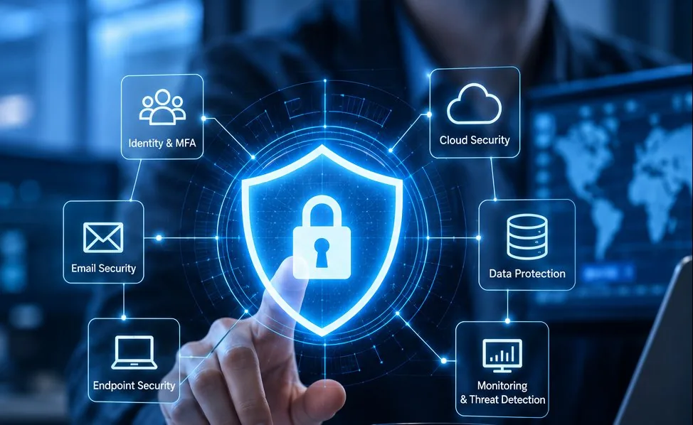 Layered cyber security from Logic Networks covering identity and MFA, email security, endpoint security, cloud security, data protection and threat monitoring