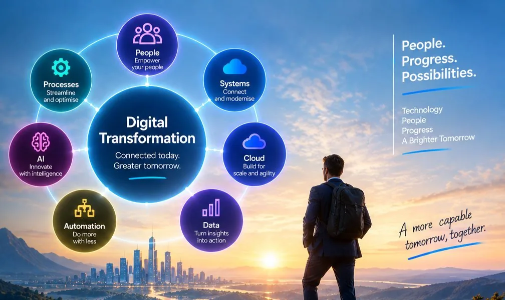 Digital transformation with Logic Networks connecting people, processes, systems, cloud, data, automation and AI