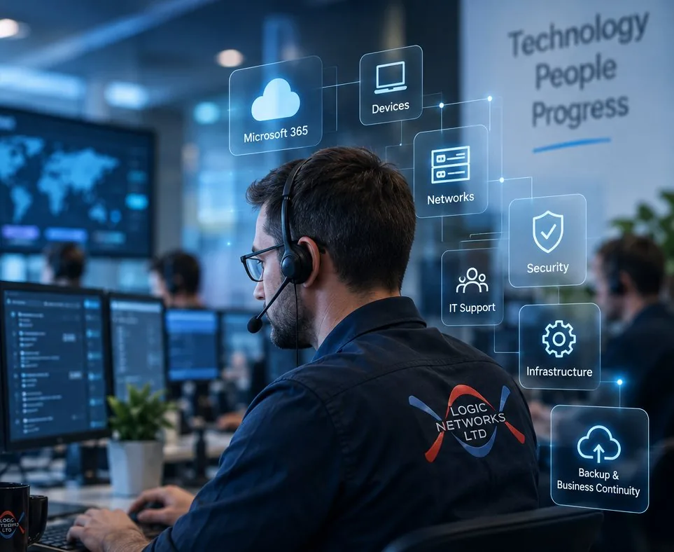 Logic Networks IT support engineer providing remote IT support for Microsoft 365, devices, networks and security