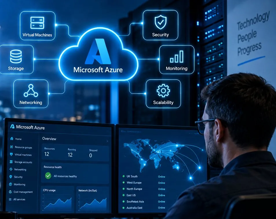 Microsoft Azure cloud services managed by Logic Networks - virtual machines, storage, networking, security, monitoring and scalability