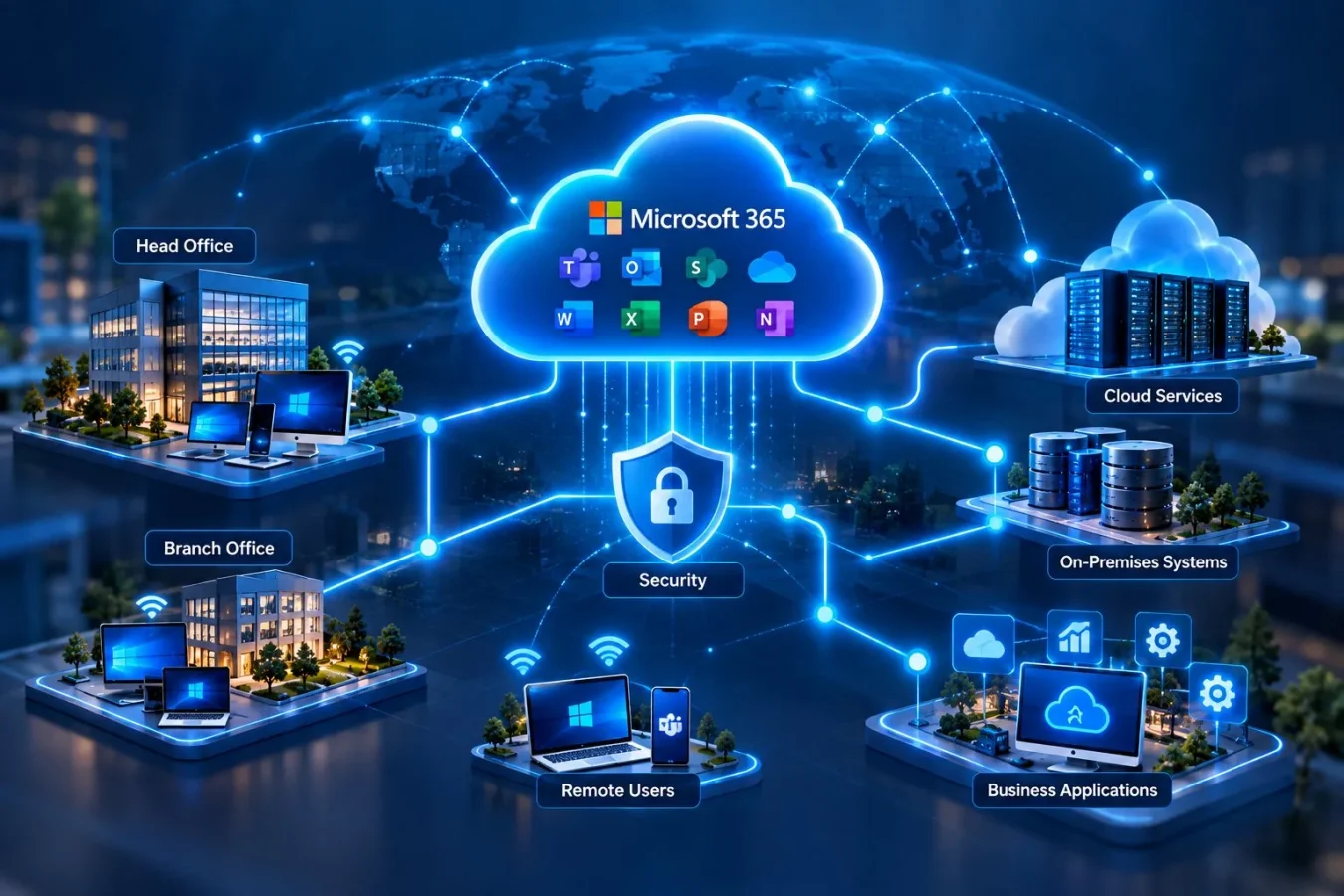 Managed IT services from Logic Networks connecting head office, branch offices and remote users to Microsoft 365, cloud services and on-premises systems