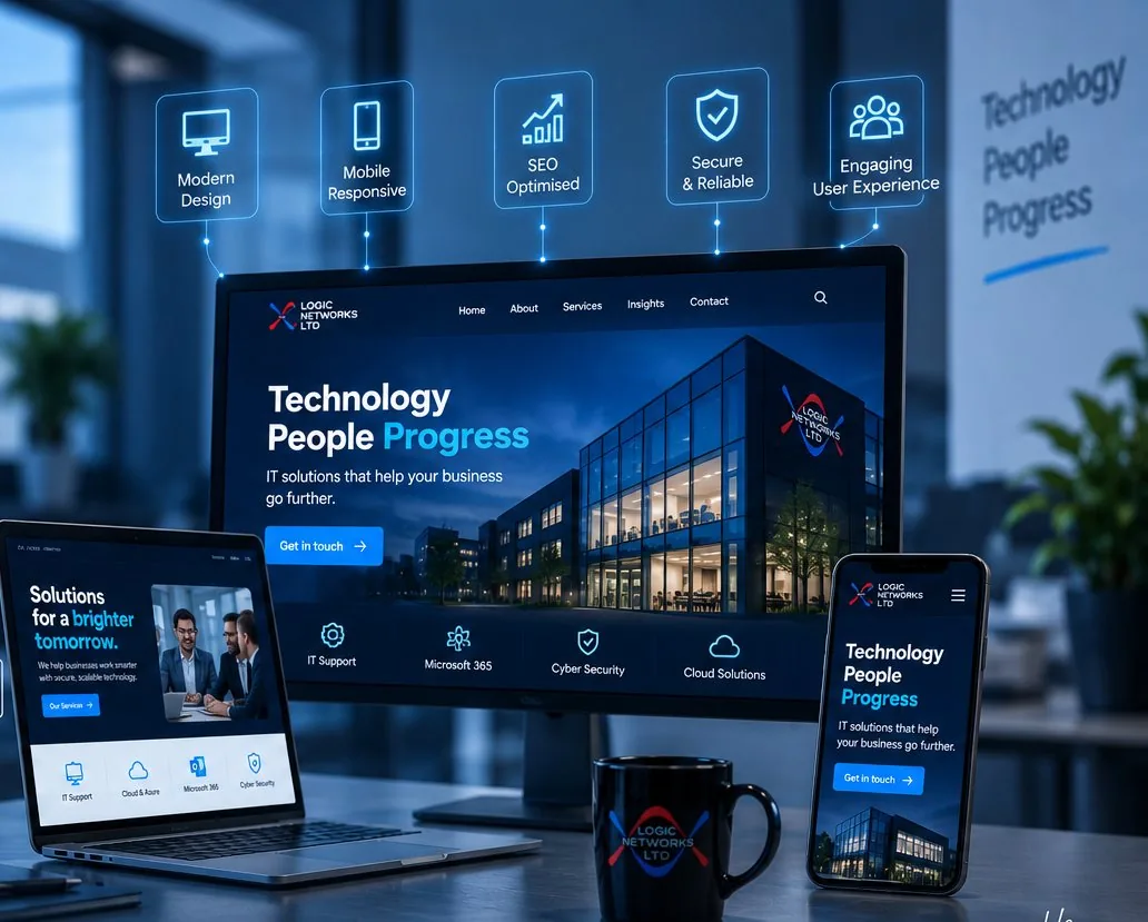 Responsive Logic Networks website shown on desktop, laptop and mobile